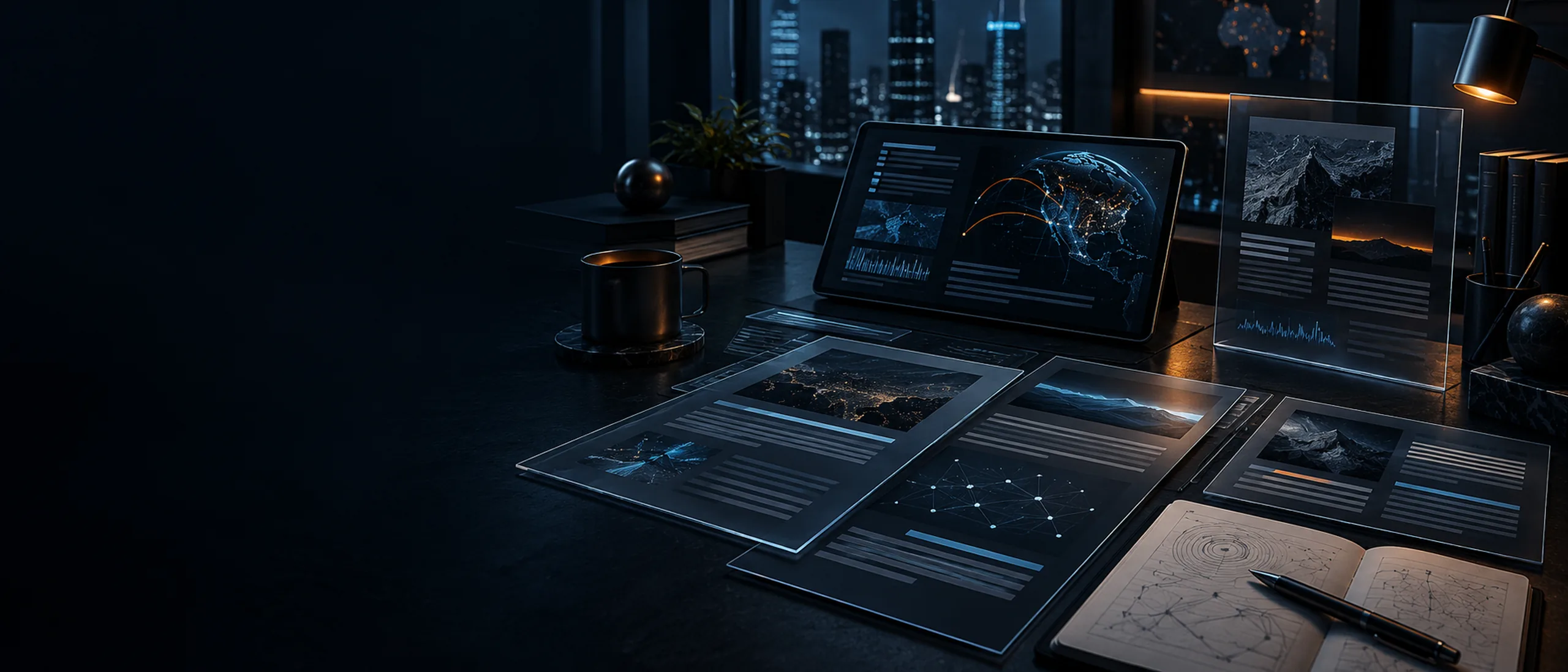 Research briefs, dashboards and field notes laid out on a desk at night