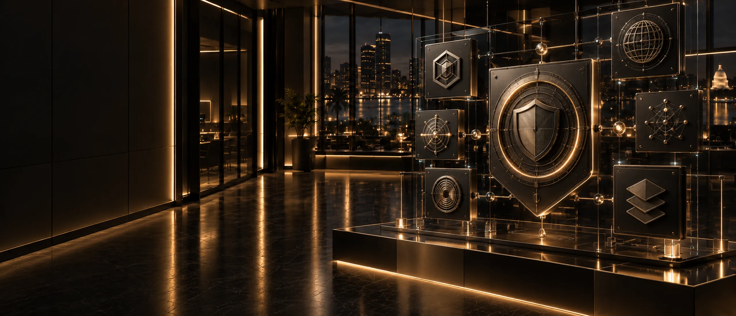 Illuminated shield and credential emblems displayed in a darkened operations space