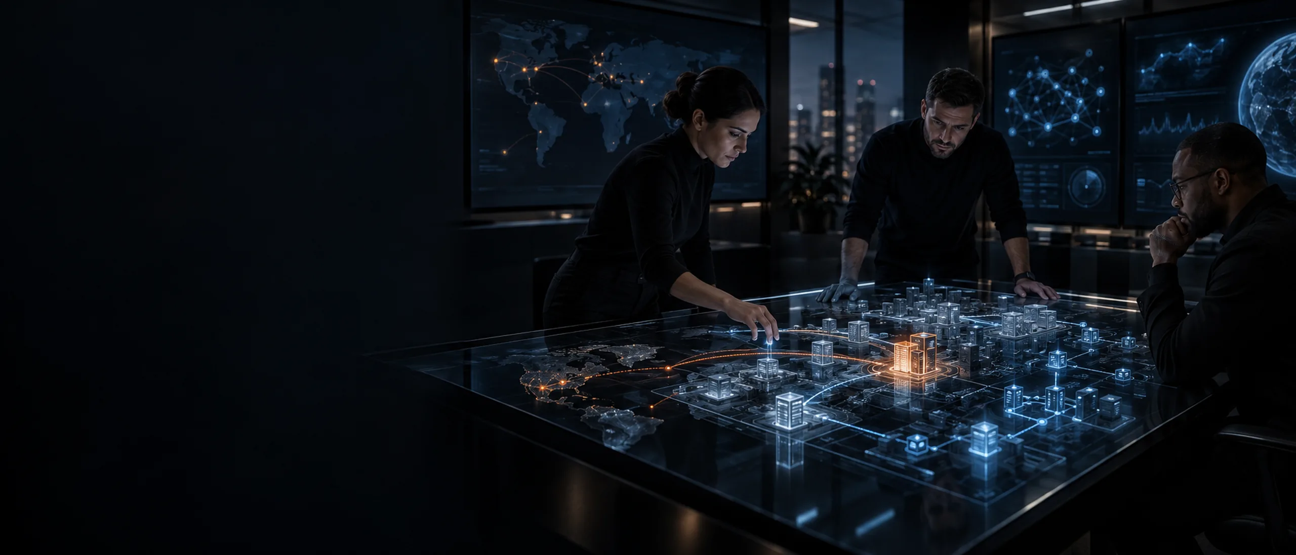 A team tracing an attack path across a lit operations table