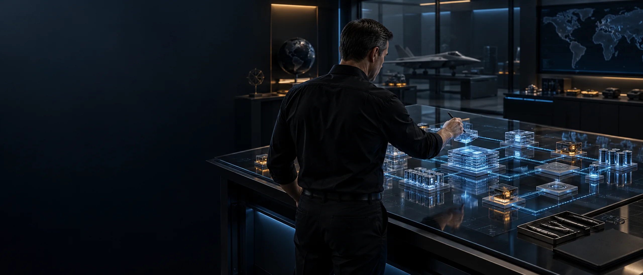 An engineer laying out a security architecture on a lit design table