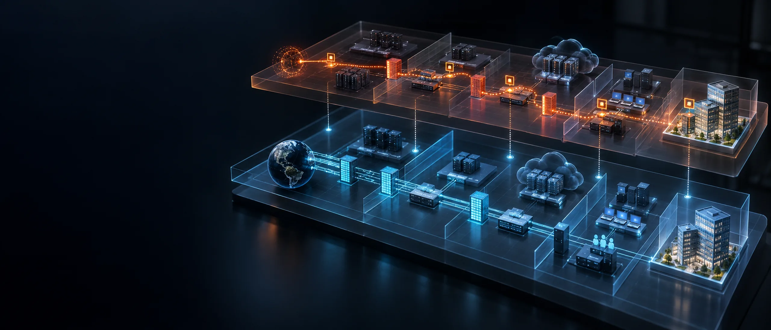 Layered network topology showing an attack path traced above a defended environment