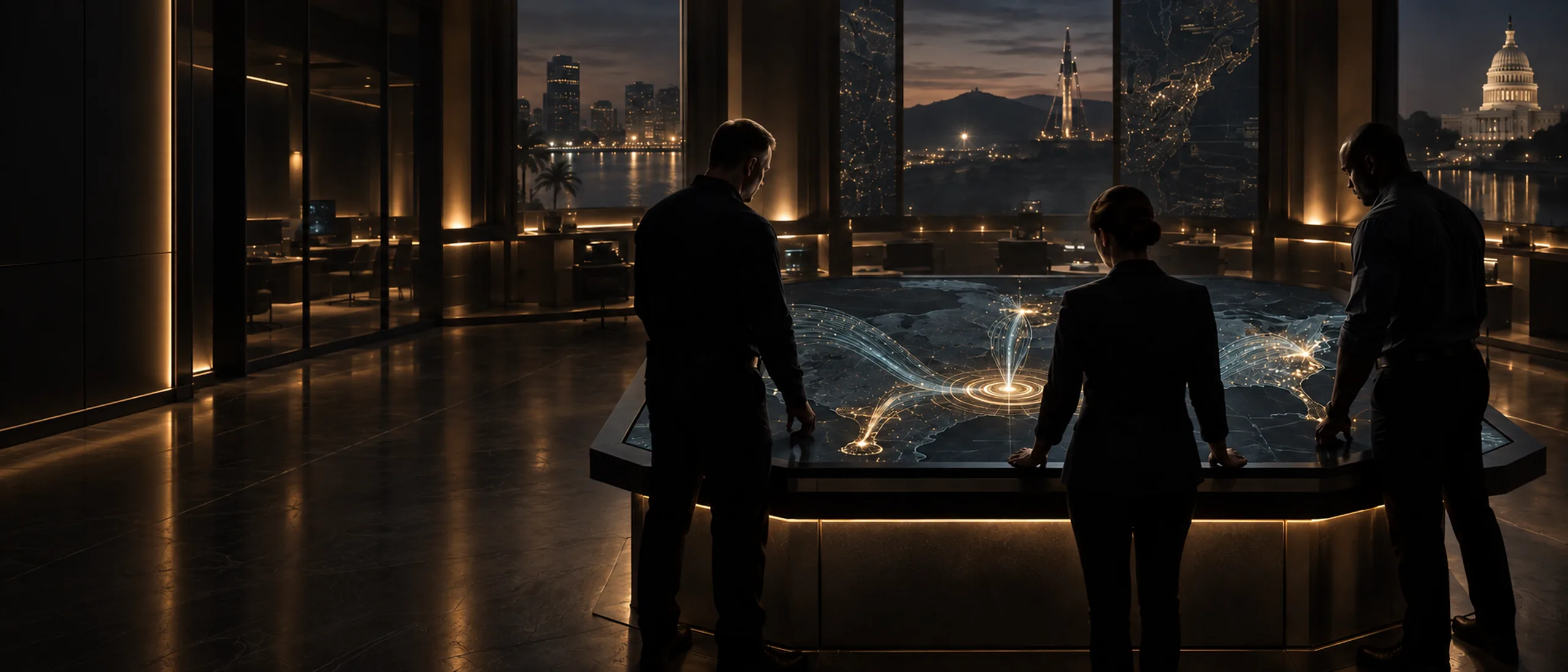 Operators reviewing a live national threat map in a darkened operations room
