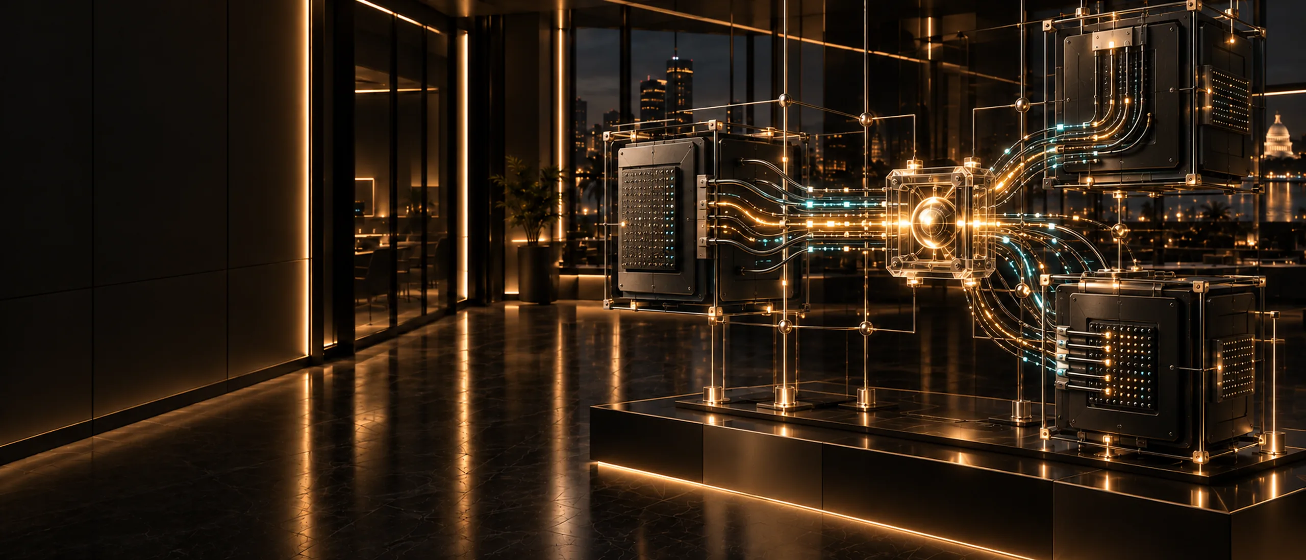 Interconnected illuminated modules linked by glowing pathways