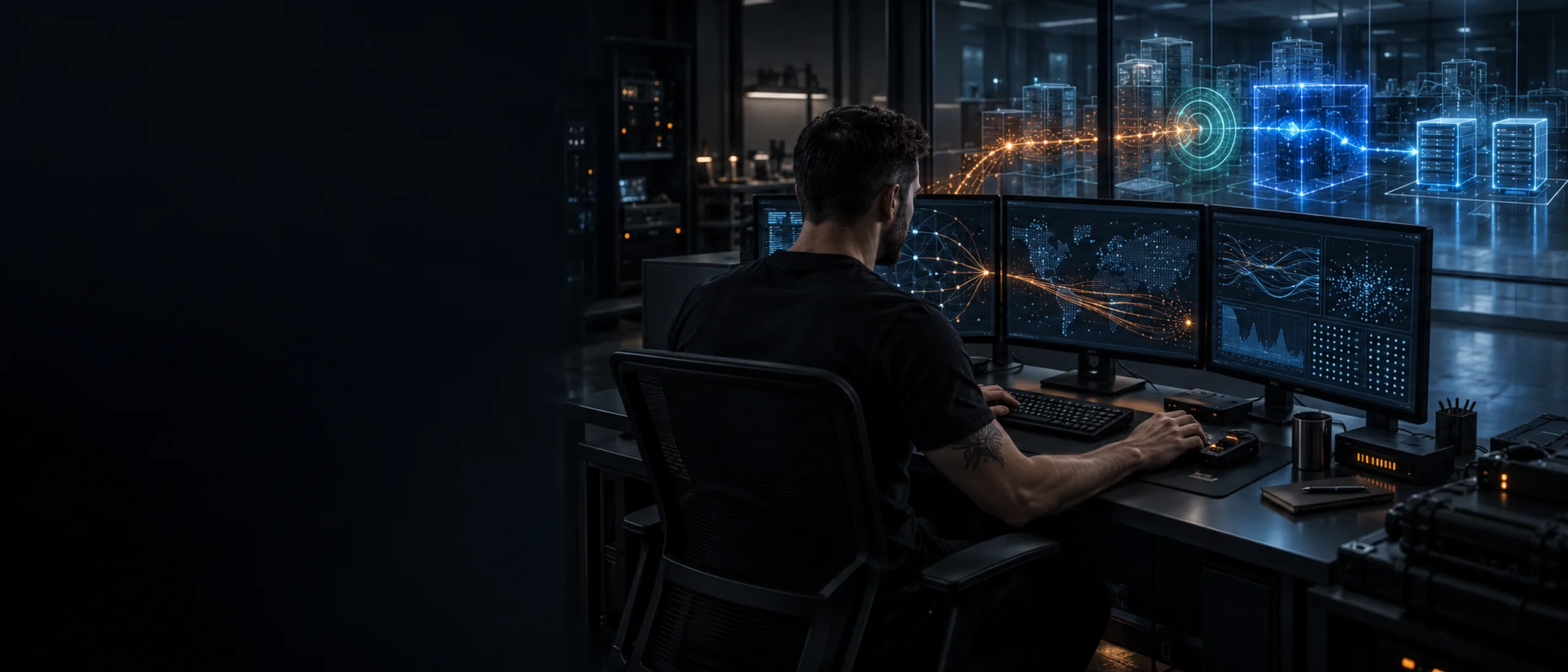 An operator running an engagement from a multi-monitor workstation, attack paths tracing across the display