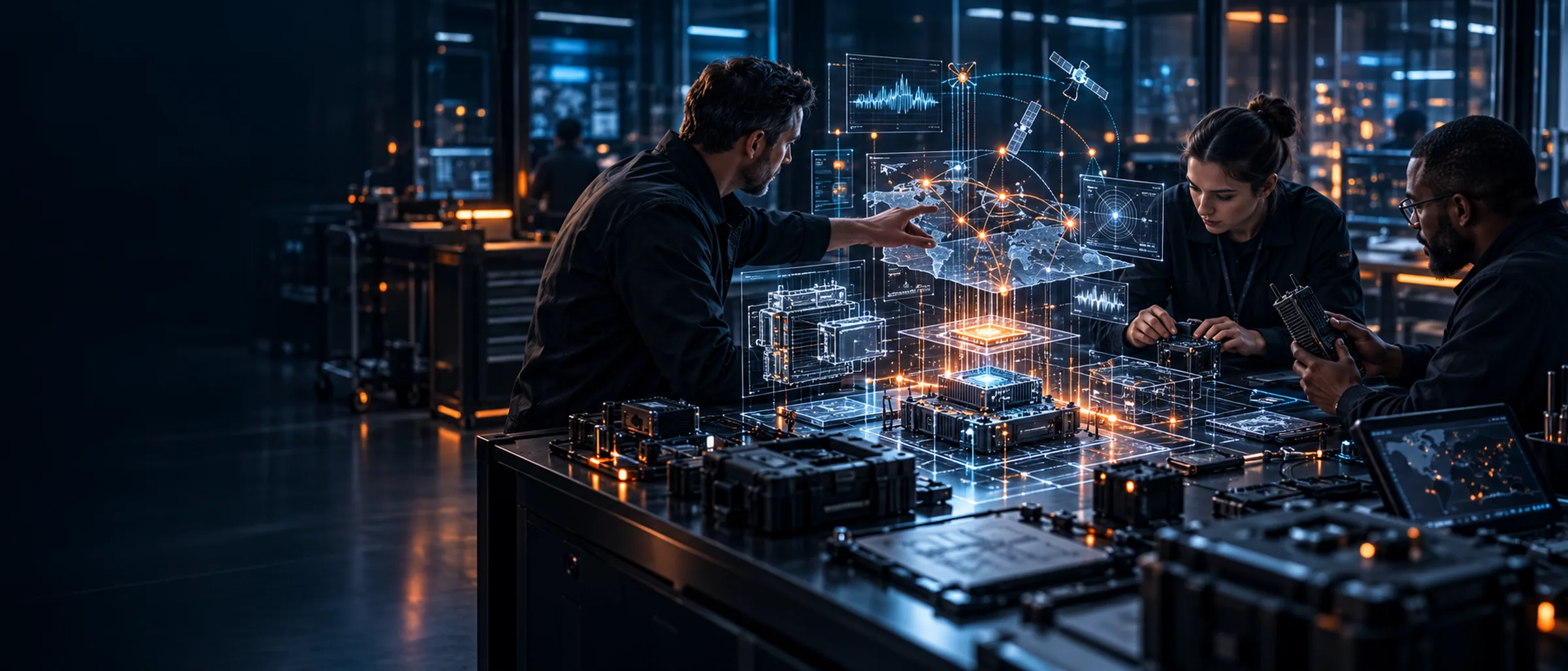 NightStrike engineers reviewing a deployment architecture around a shared workbench