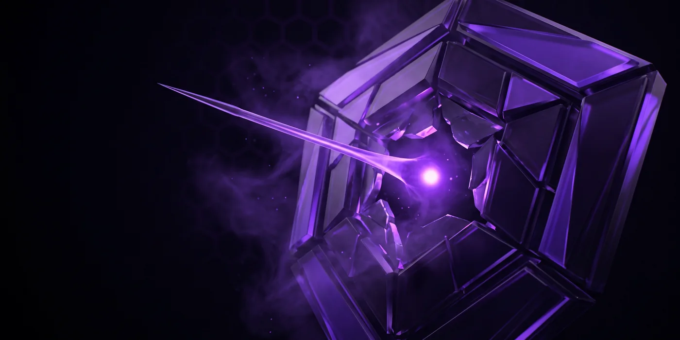 Fractured geometric core with a violet breach point at its center